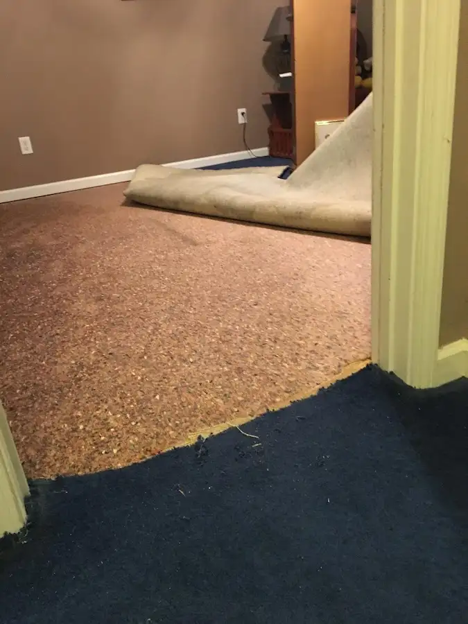 Carpet pad removal revealing water damage during Drying & Dehumidification in Knik-Fairview